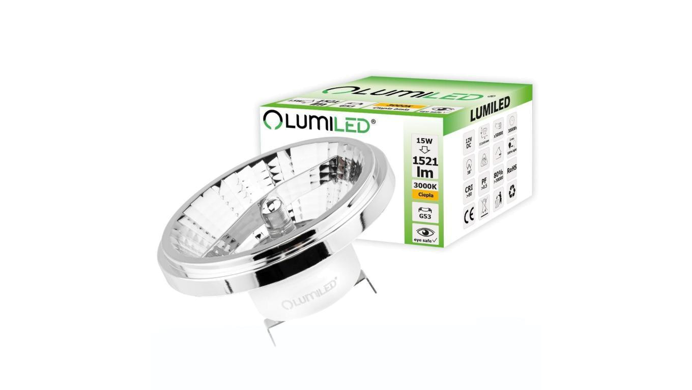 Żarówka LED G53 AR111 15W = 100W 1521lm 3000K Ciepła 24 12V DC Srebrna LUMILED