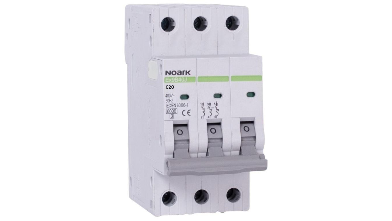 Wyłącznik nadprądowy S bezpiecznik 3-fazowy C20 (C 20A) 3-biegunowy 3P (400V AC) 2,25 modułu SLIM NOARK