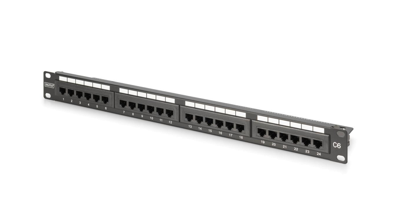 Panel krosowy 19 24x RJ45, LSA pion, kat.6, nieekranowany, 1U,czarny,prowadnica kabli,pola opisowe DN-91624U-CR