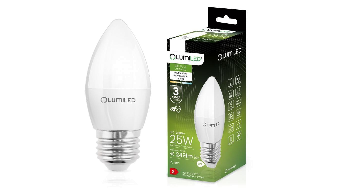 Żarówka LED E27 B35 2.5W = 25W 249lm 4000K Neutralna 180 Lumiled