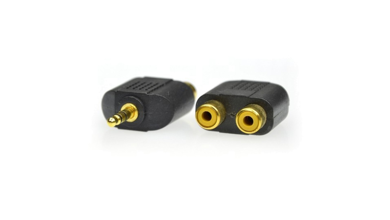 Przejście Adapter Audio AUX mini Jack 3,5mm Stereo (wtyk) / 2x RCA Cinch (gniazdo) pozłacany czarny
