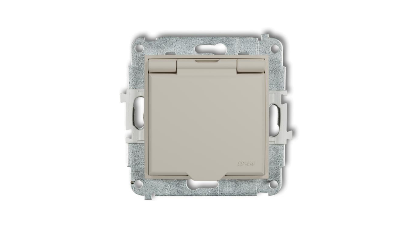 MINI Mechanizm gniazda bryzgoszczelnego z uziemieniem 2P+Z (klapka biały mat, przesłony torów prądowych) taupe 60IGPB-1zp