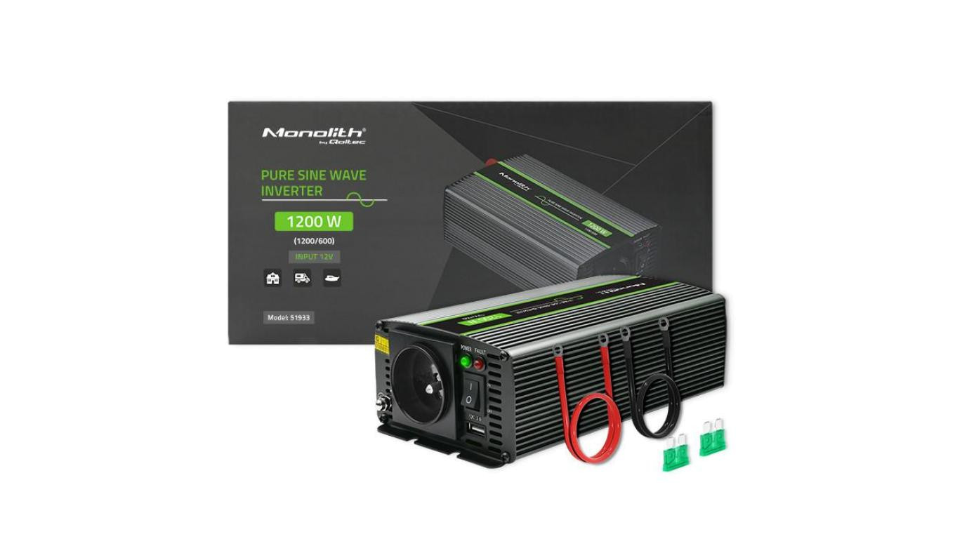 Qoltec Przetwornica napięcia Monolith 600W 1200W 12V na 230V Czysty Sinus