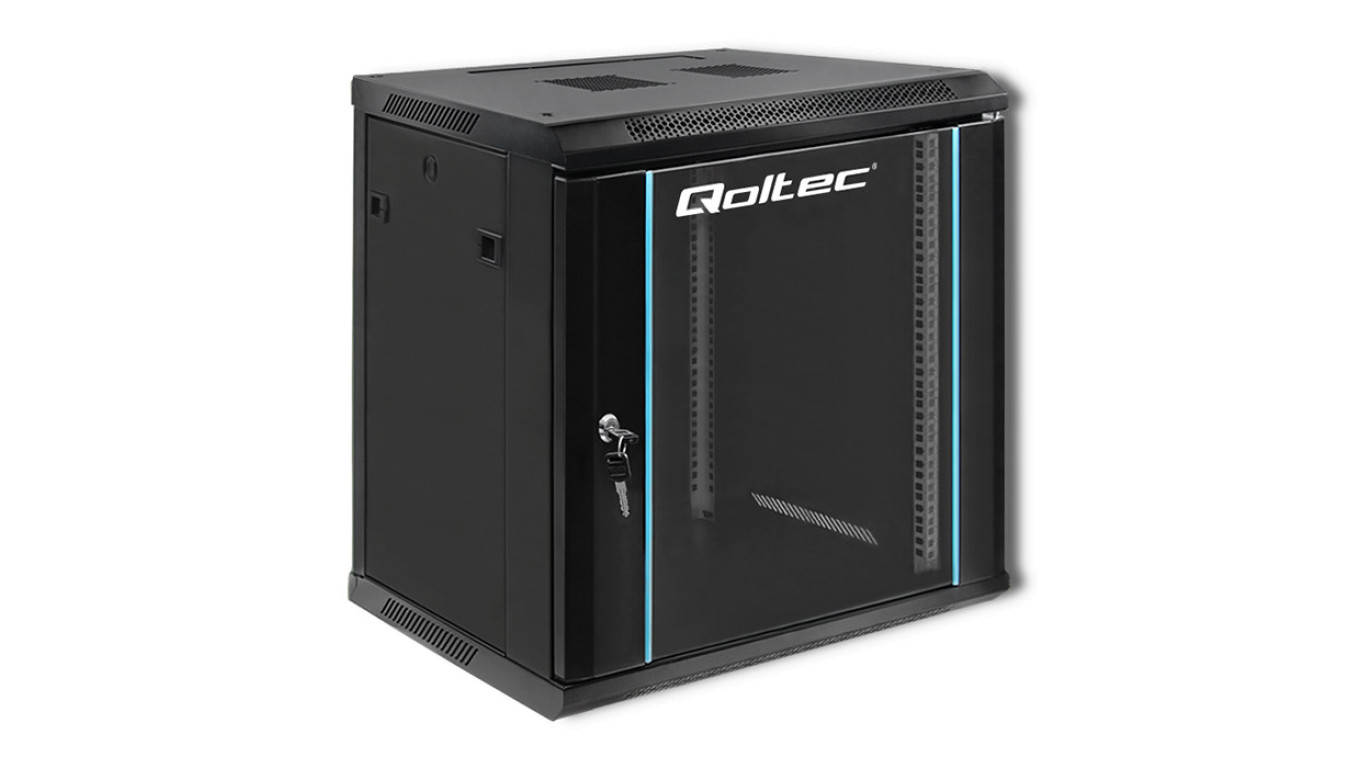 Qoltec Szafa RACK 19 12U 600 x 635 x 450 Hartowane drzwi Wisząca Stalowa obudowa Zamek Czarna