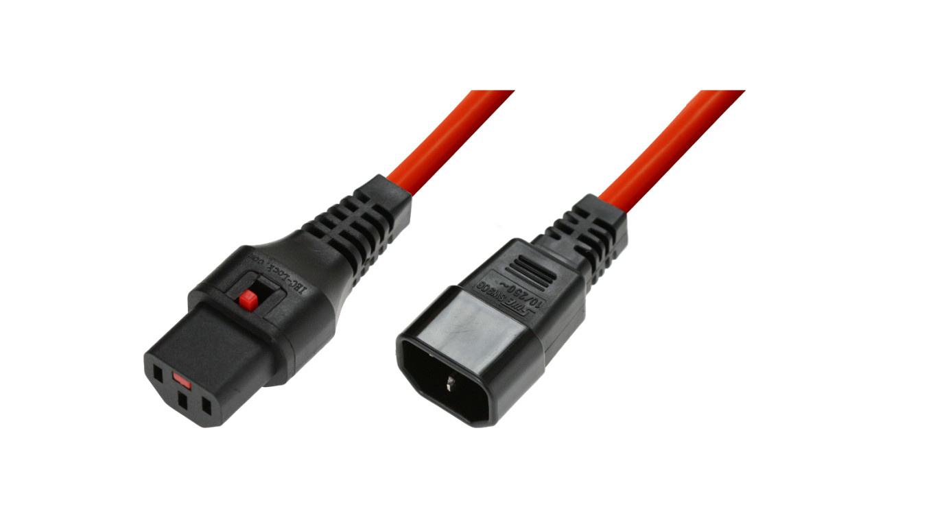 Kabel przedłużający zasilający z blokadą IEC LOCK 3x1mm2 C14/C13 prosty M/Ż 3m czerwony IEC-PC1387