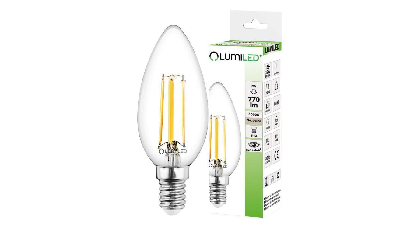Żarówka LED E14 B35 7W = 65W 770lm 4000K Neutralna 360 Filament LUMILED