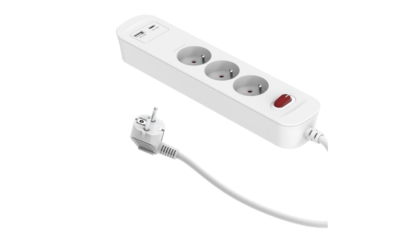 Przedłużacz szybkoładujący PD20 3-gniazdowy z wyłącznikiem + 2x USB (A+C) 1,4m SQUALL, biały / 34096