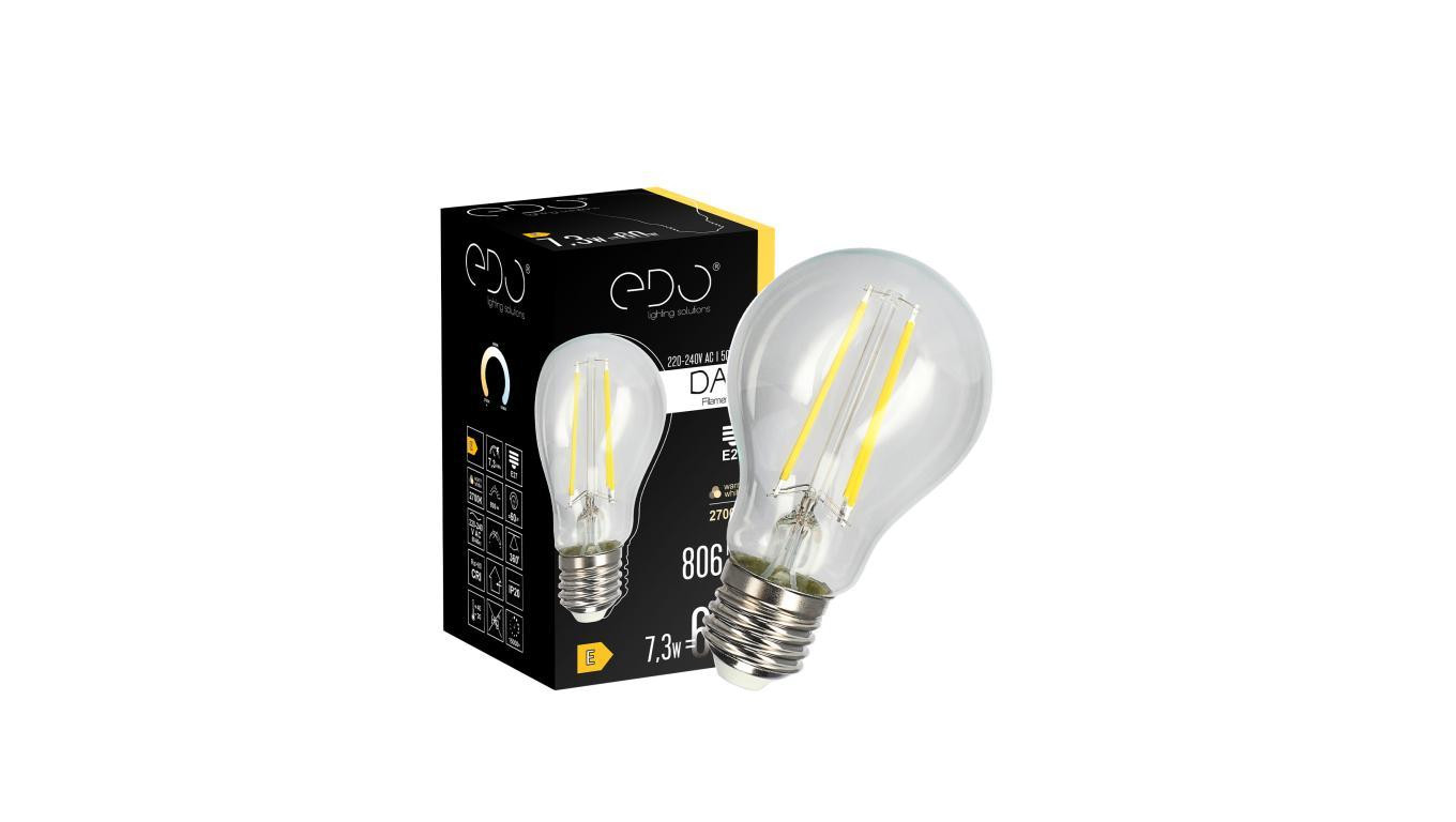 Żarówka dekoracyjna DARI LED Filament 7,3W, E27, 2700K, 806lm, 230V, CLEAR A60, EDO777627 EDO