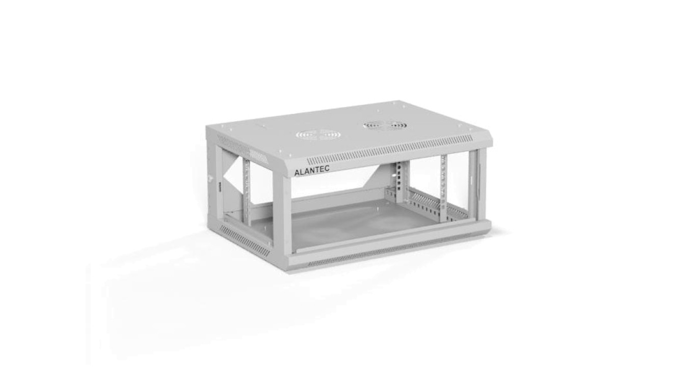Szafa rack wisząca 19 cali 4U 600x450, drzwi szklane, tył i osłony boczne demontowalne, FLAT PACK kolor szary ALANTEC