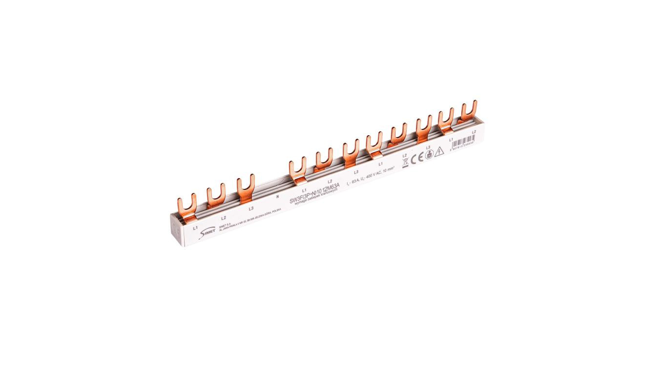 Szyna prądowa łączeniowa - widełkowa 3-fazowa 63A 12 modułów 10 mm² pod zabezp. różnicowo-prądowe SW3F(3P+N) 10 12M63A 81992206