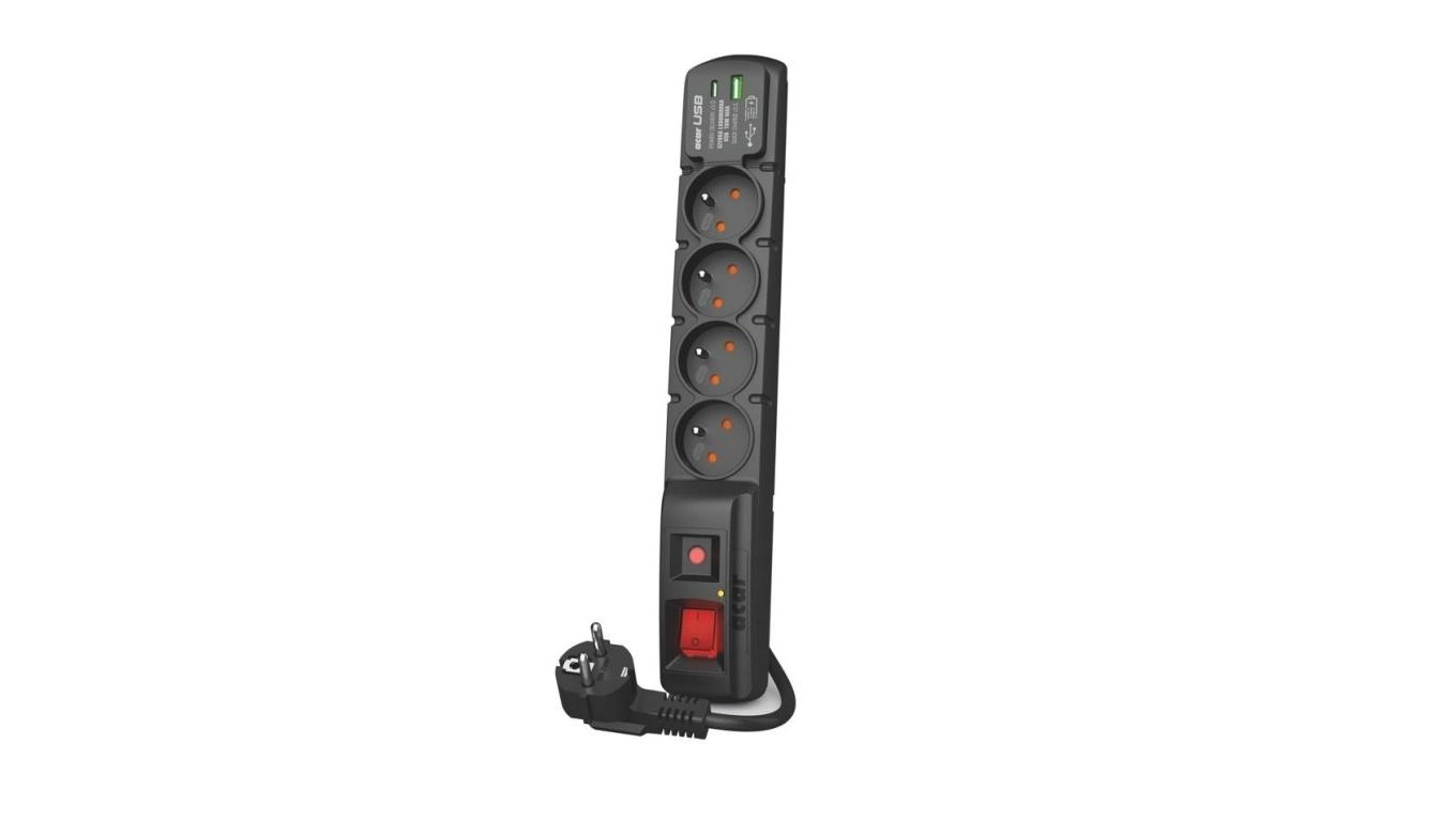 Przedłużacz elektryczny Listwa zasilająca antyprzepięciowa ACAR F4 na 4 gniazd 2P+Z + ładowarka QC USB A+C z wyłącznikiem czarna