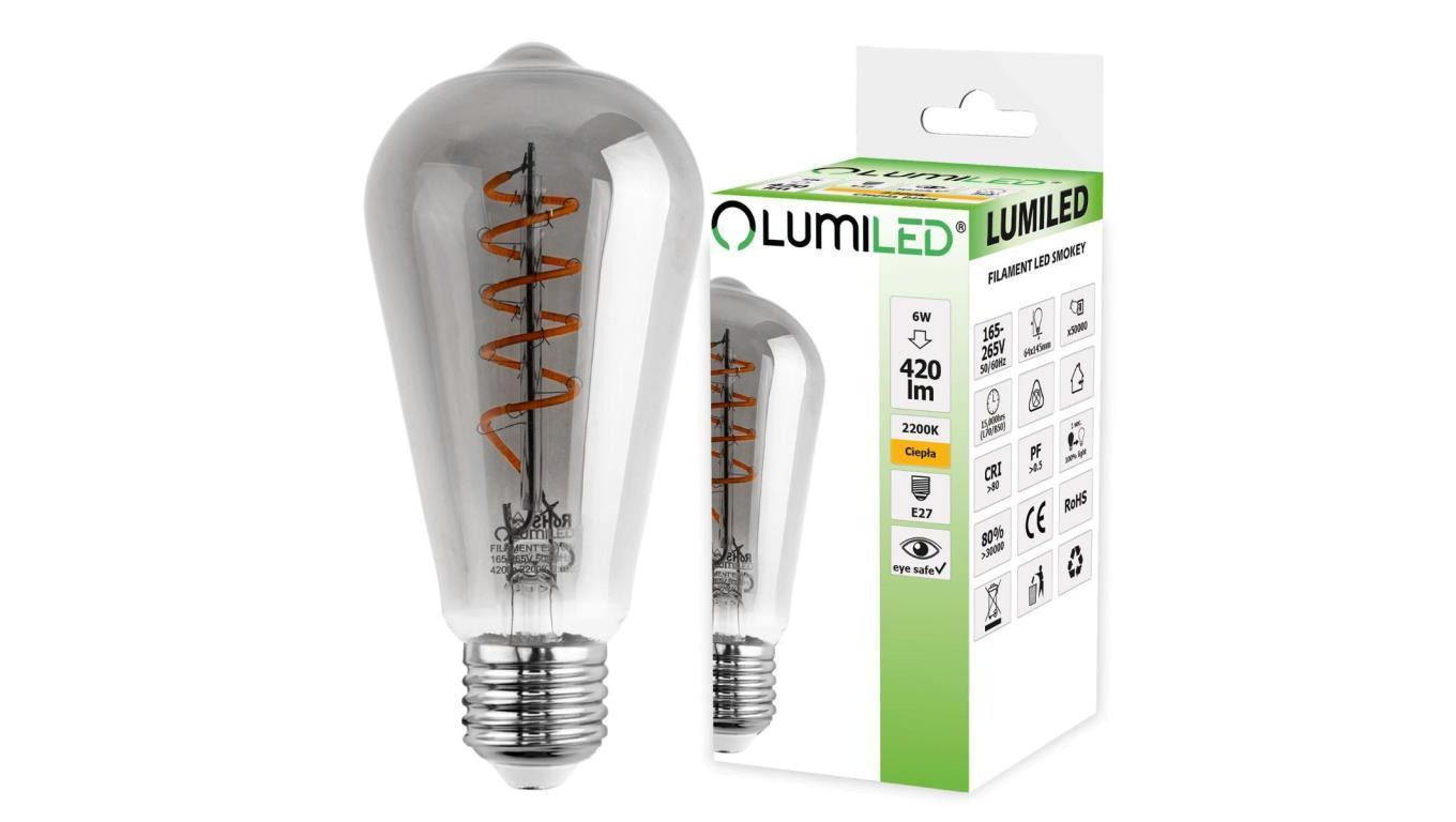 Żarówka LED E27 EDISON ST64 6W = 50W 420lm 2200K Ciepła 360 Filament LUMILED Smokey