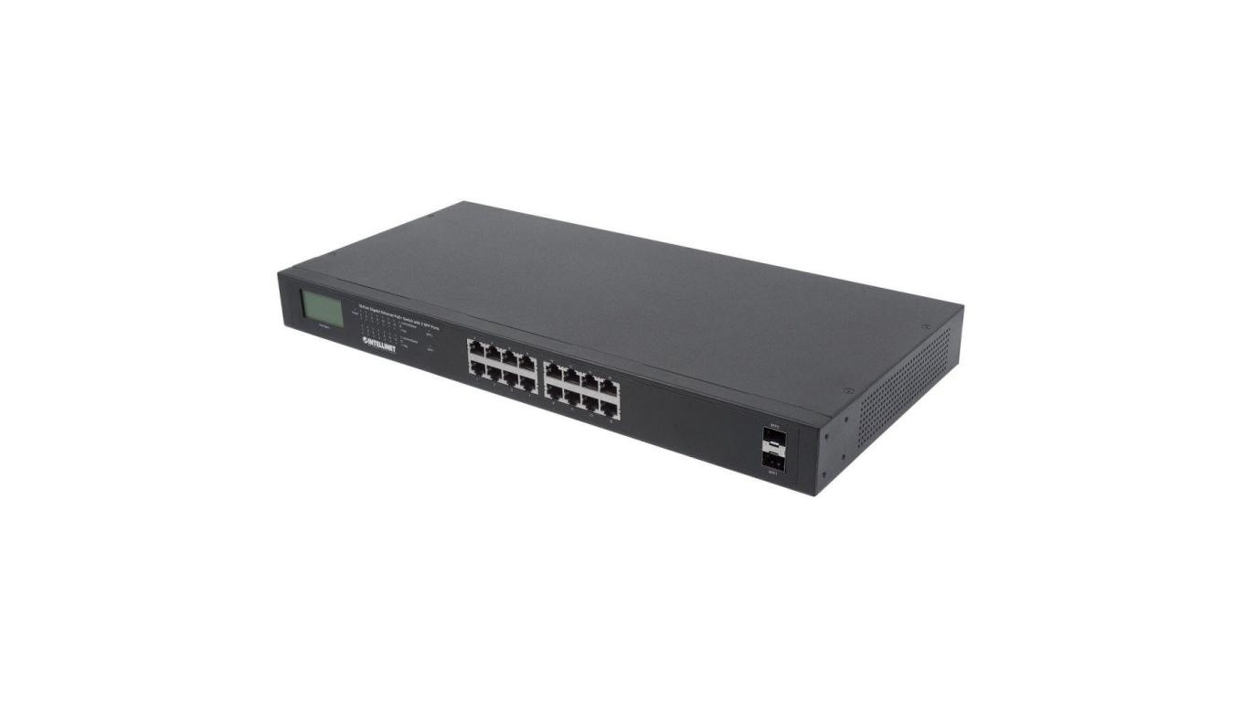 Switch Gigabit 16x RJ45, POE+, 2x SFP, LCD, Rack 19