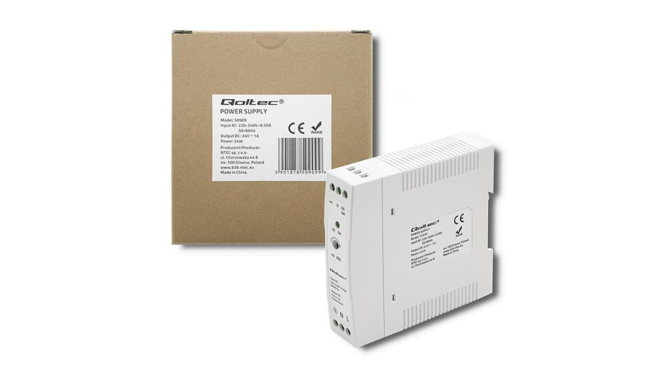 Qoltec Zasilacz na szynę DIN 24W 24V 1A Biały Slim