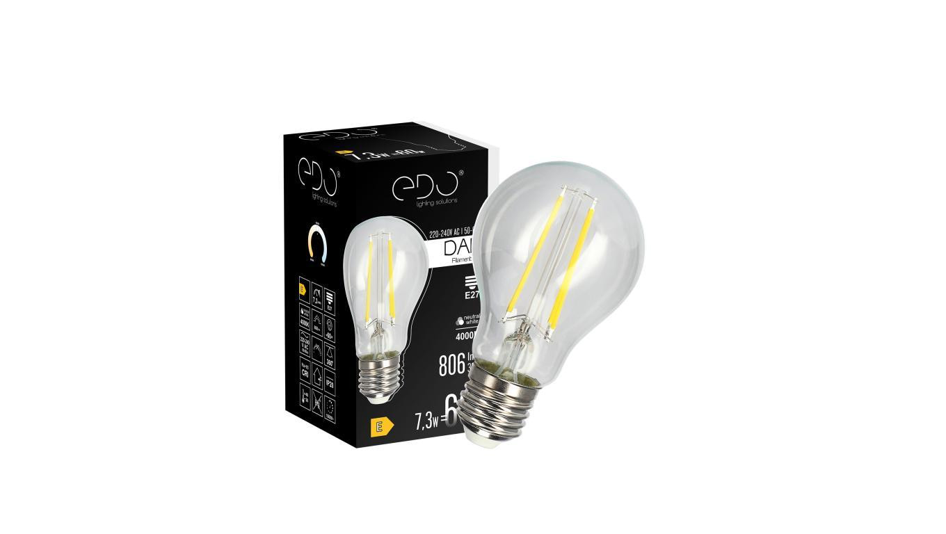 Żarówka dekoracyjna DARI LED Filament 7,3W, E27, 4000K, 806lm, 230V, CLEAR A60, EDO777629 EDO