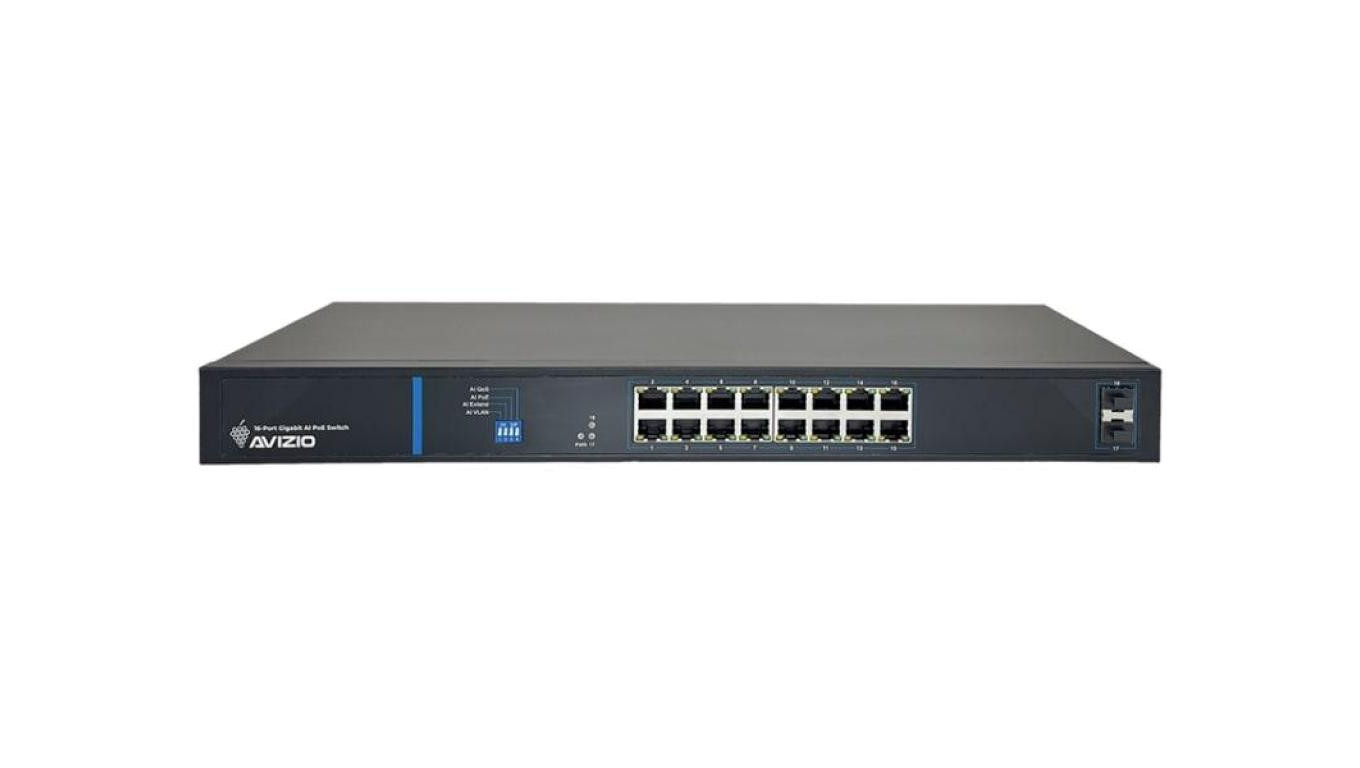 Niezarządzalny przełącznik (switch) 16 portów RJ45 PoE+ 1Gb/s + 2 porty SFP Uplink 1Gb/s AVIZIO