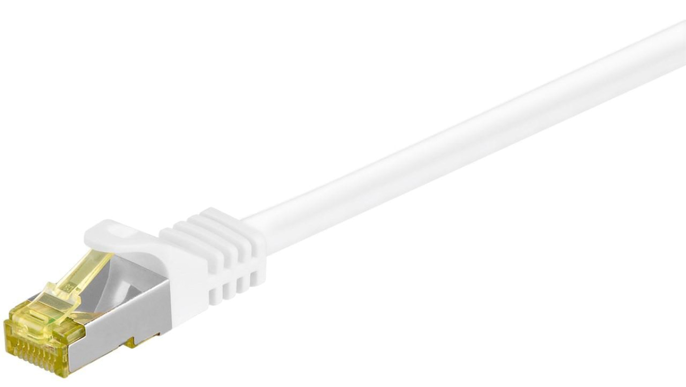 RJ45 patchkabel, CAT 6A S/FTP (PiMF), 500 MHz z CAT 7 kable surowym, biały - Długość kabla 7.5 m