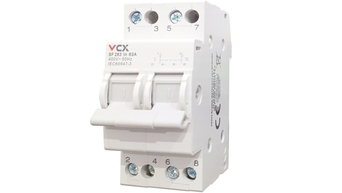Przełącznik modułowy instalacyjny wyboru zasilania sieci 1-0-2 2P 63A SF463 VCX