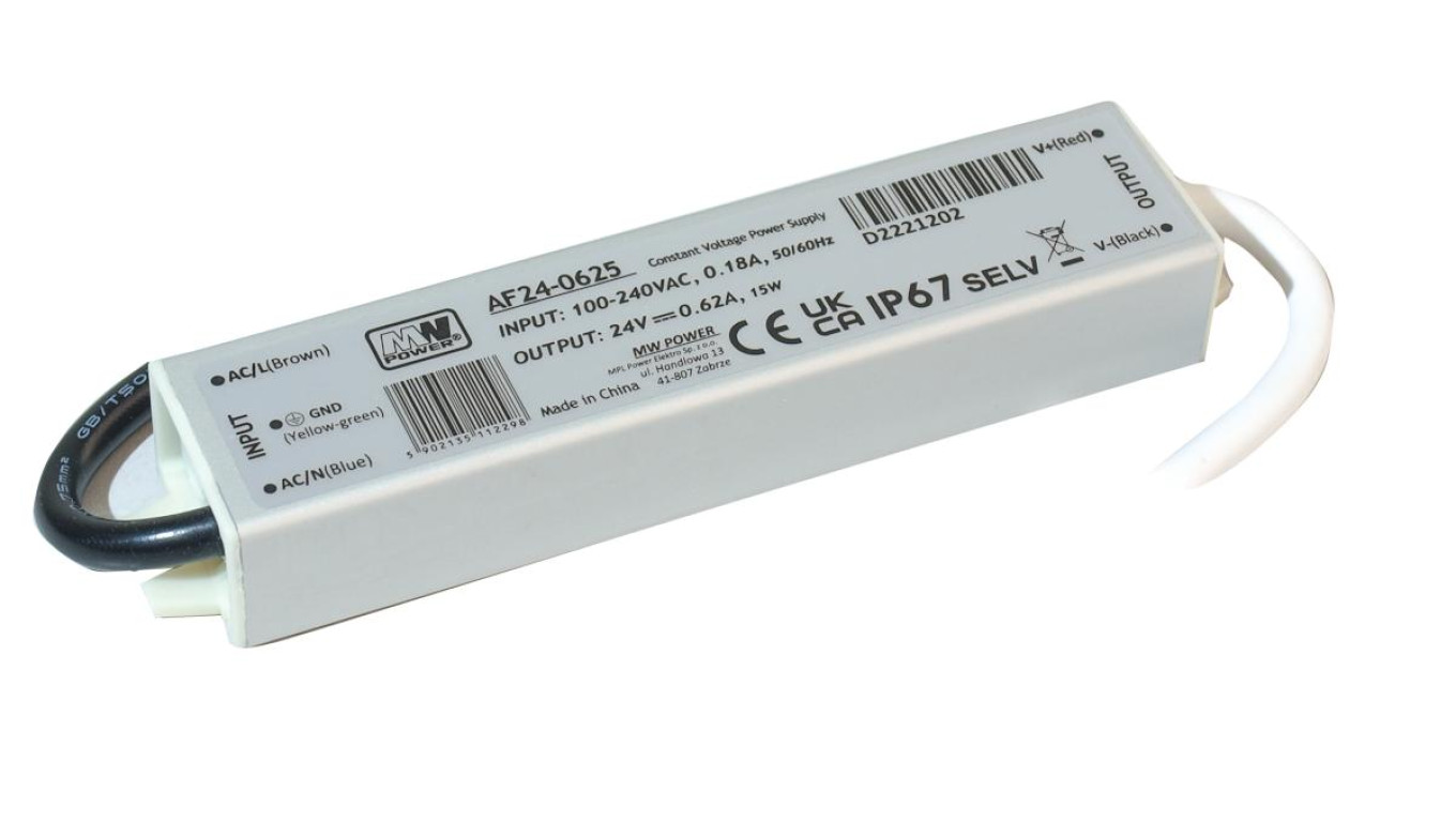 Zasilacz LED 15W 24V 0,62A metalowa obudowa IP67 AF24-062 MW POWER