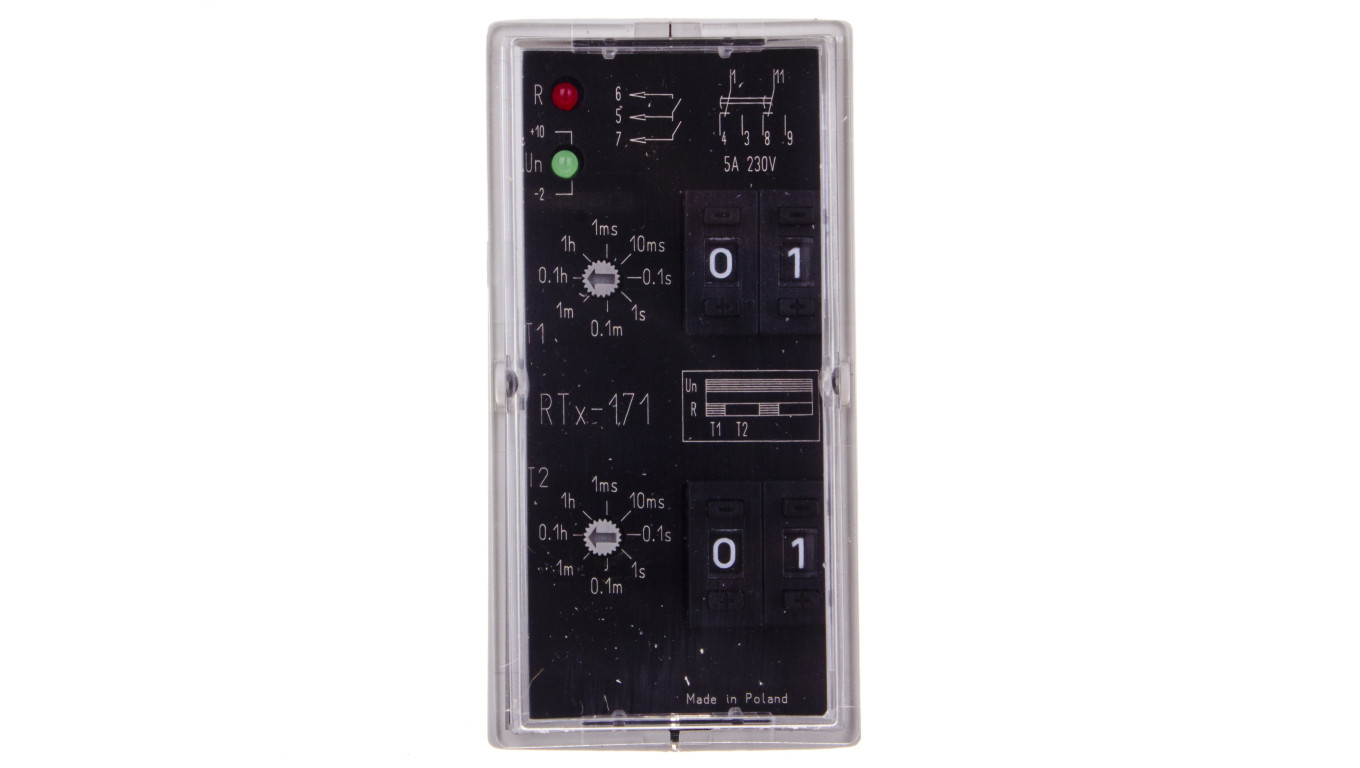 Przekaźnik czasowy 2P 5A 0,001sek-99h 220-230V AC/DC praca cykliczna,(start od załączenia na nastawiony czas) RTX-171 220/230
