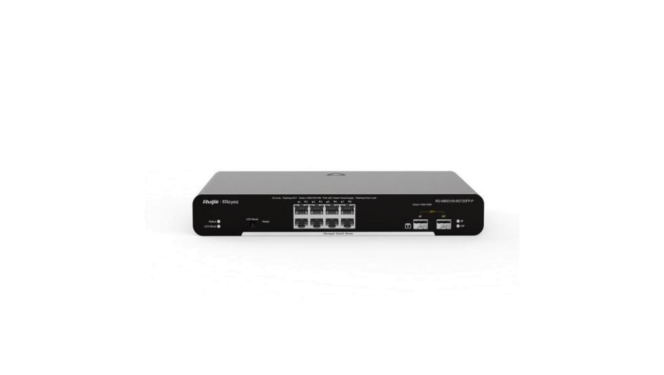 Zarządzalny Switch Reyee L2 8 portów 1Gbit + 2 porty Uplink SFP 1Gbit 8 portów PoE/PoE+ (125W max) Metalowa Obudowa Desktop