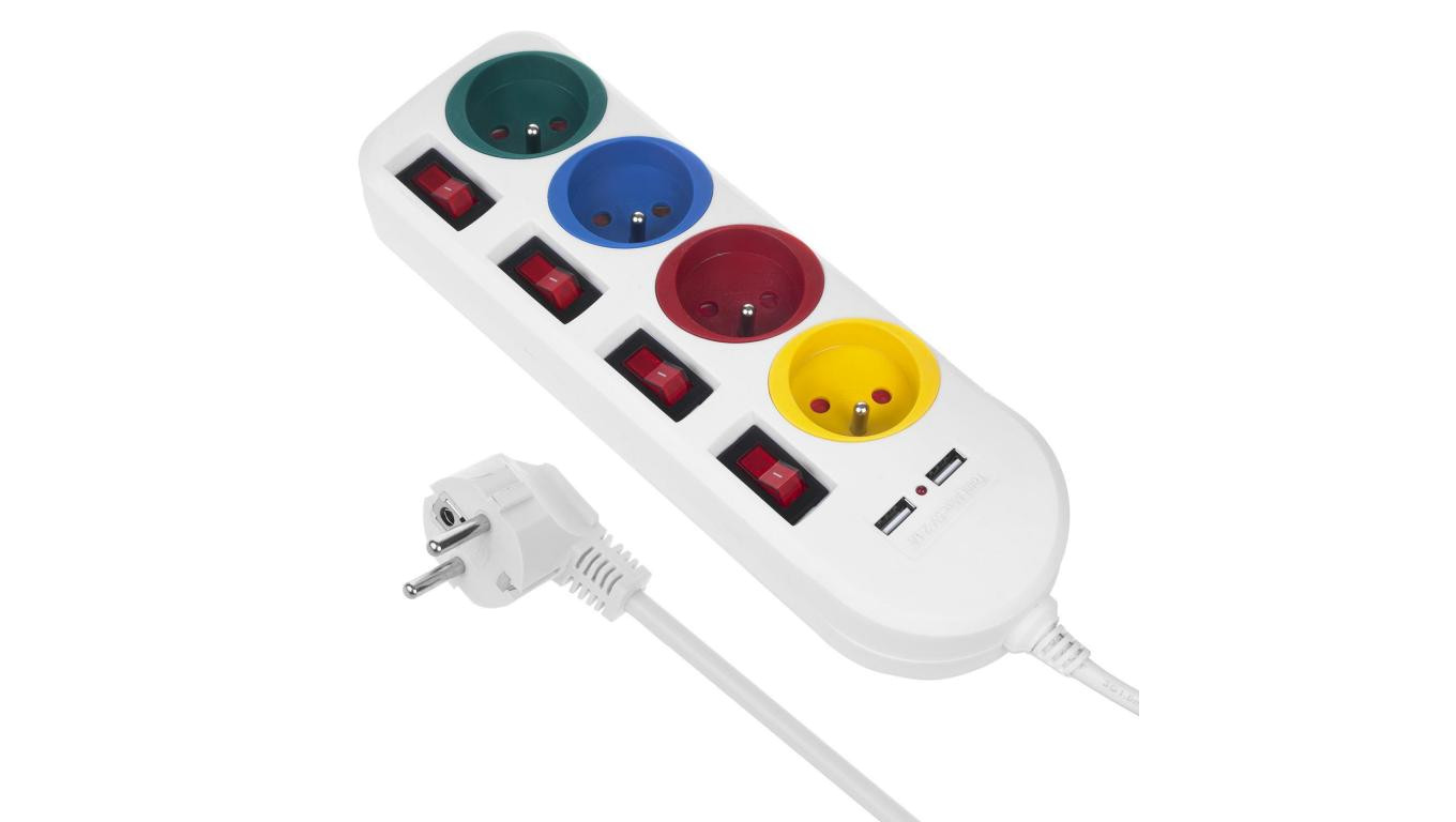 Listwa zasilająca Maclean, przedłużacz 4 gniazda + 2xUSB, z włącznikami, 250VAC/10A, 2.1A 5V, 1.5m, biała, MCE229 W
