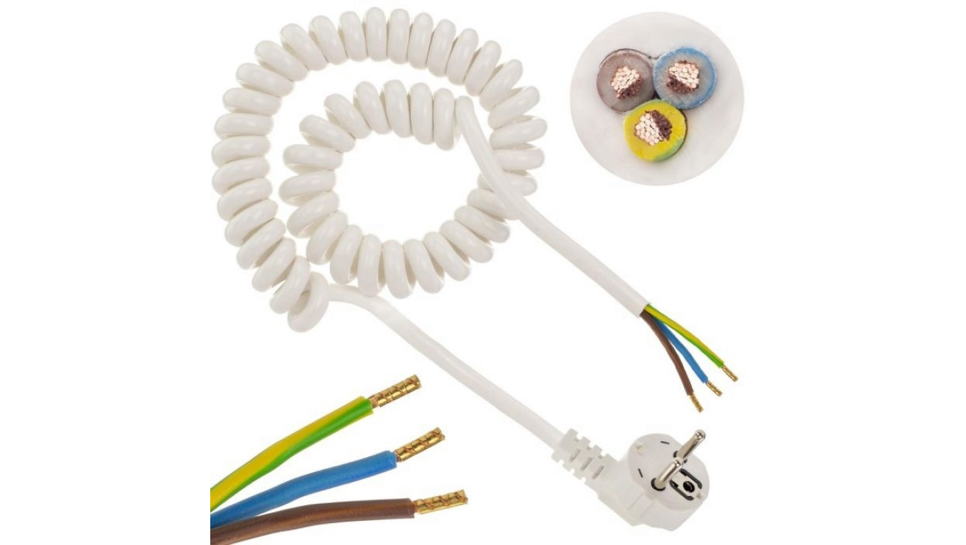 Przewód OMY spiralny H03VVH8-F z wtyczką 3x1 0,35m / 2,2m biały