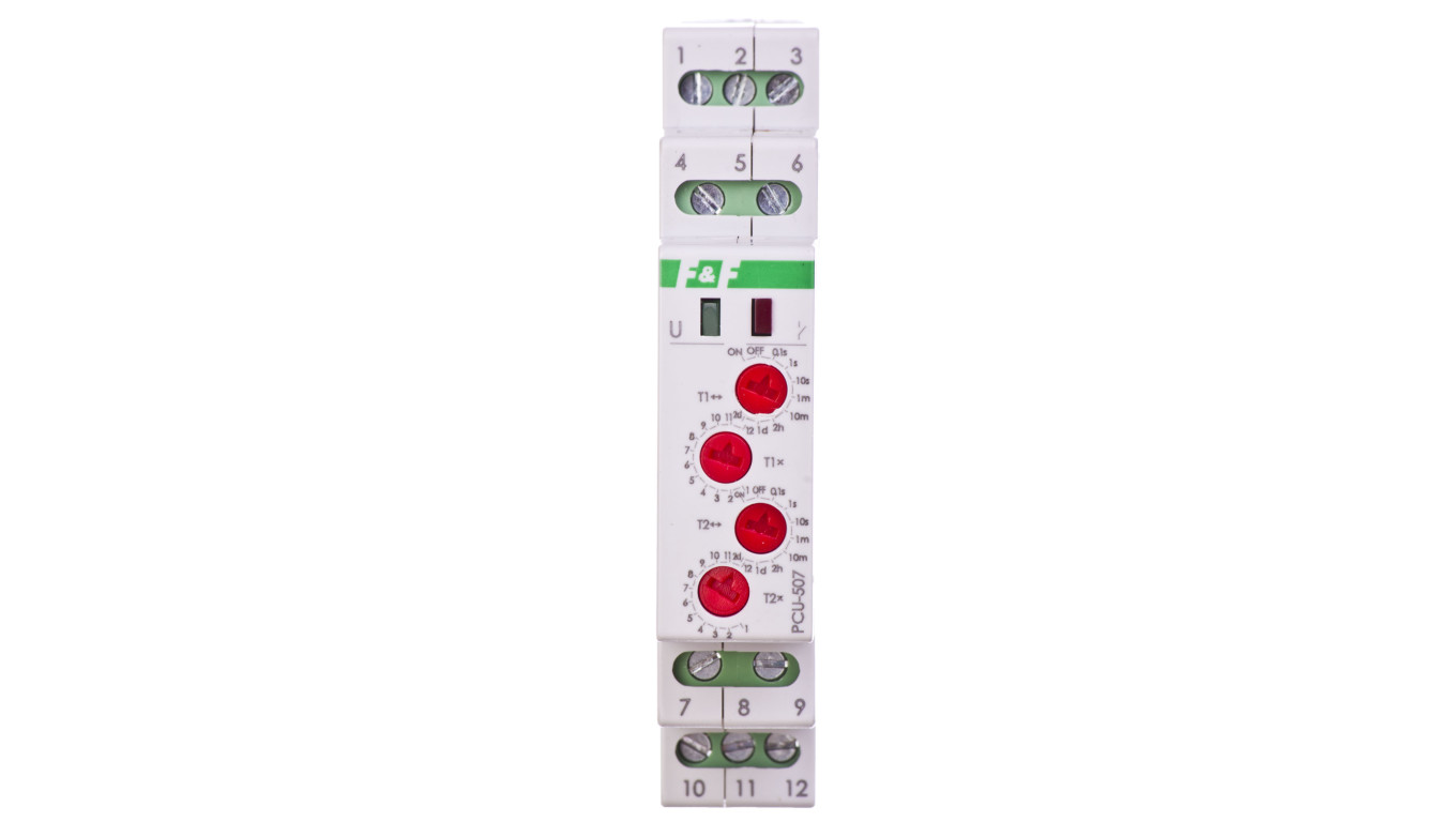 Przekaźnik czasowy 2P 8A 0,1sek-576h (praca/przerwa) 24V AC/DC 2-funkcyjny PCU-507-24V