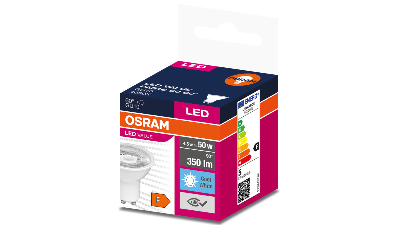 Żarówka LED VALUE PAR16 50 GU10 4,5W 350lm 4000K 840 60st. 4058075599116