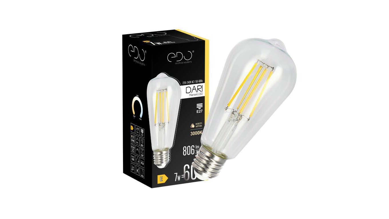 Żarówka dekoracyjna DARI LED Filament 7W, E27, 3000K, 710lm, 230V, CLEAR ST64, EDO777625 EDO