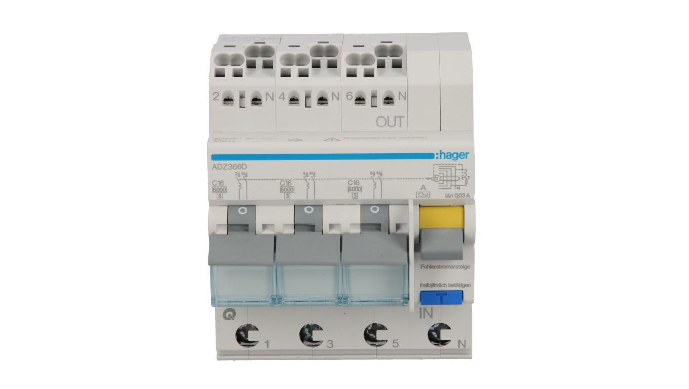 Wyłącznik różnicowo-nadprądowy RCBO 3x1P+N C16A 0,03A Typ A 6kA RCBO ADZ366D