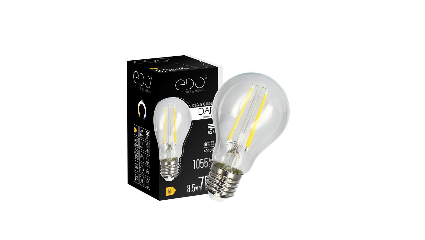 Żarówka dekoracyjna DARI LED Filament 8,5W, E27, 4000K, 1055lm, 230V, CLEAR A60, EDO777630 EDO