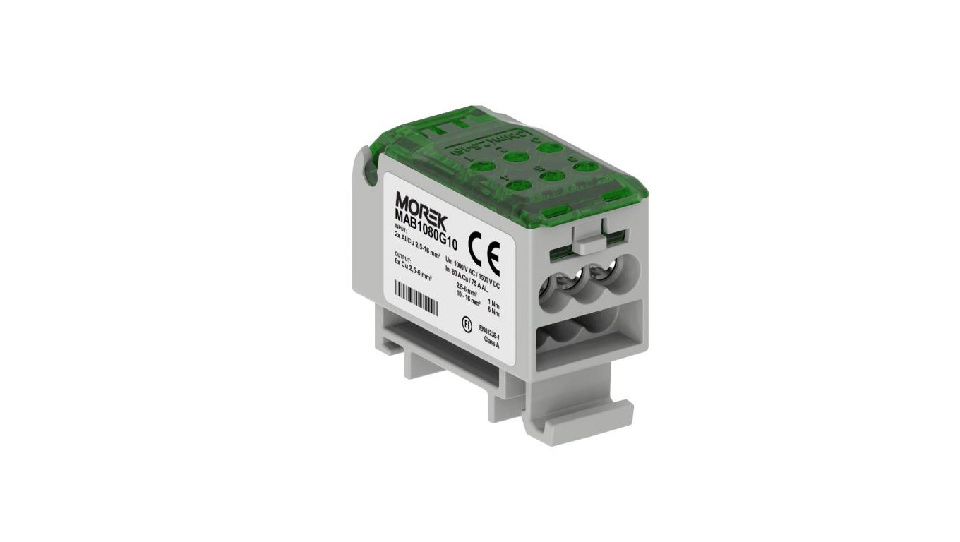 Blok dystrybucyjny - rozdzielczy OJL80A zielony AL/CU we: 2x 2.5-16mm² wy: 6x 2.5-6mm², 1000VAC/1500VDC MAB1080G10