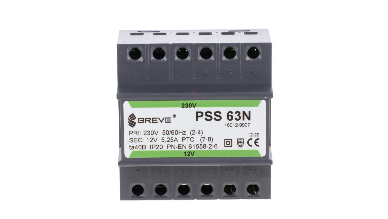 Transformator 1-fazowy modułowy bezpieczeństwa PSS 63N 230/ 12V 5,25A, na szynę DIN, IP20, Ta 40, 16012-9907