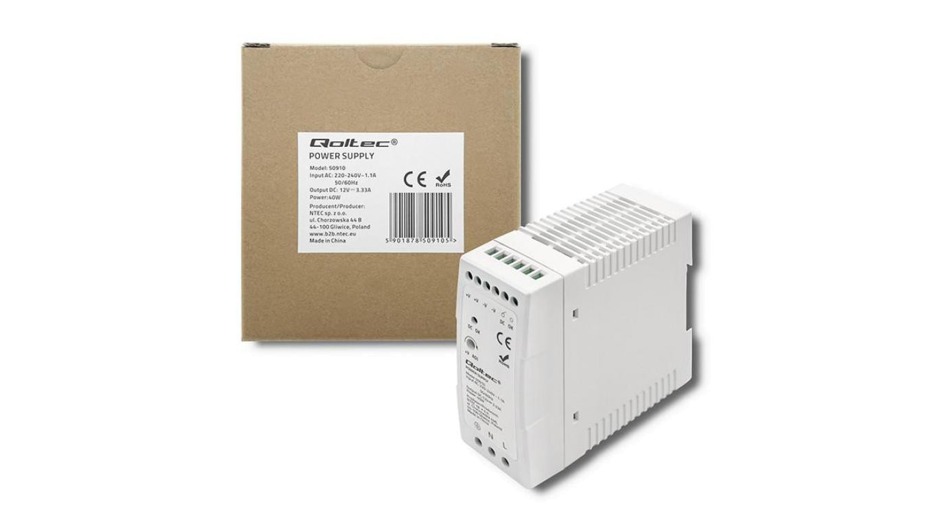Qoltec Zasilacz na szynę DIN 40W 12V 3.33A Biały Slim