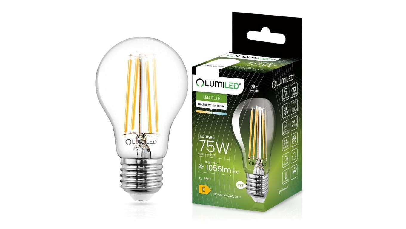 Żarówka LED E27 A60 8W 1055lm 4000K Neutralna 360 Filament LUMILED
