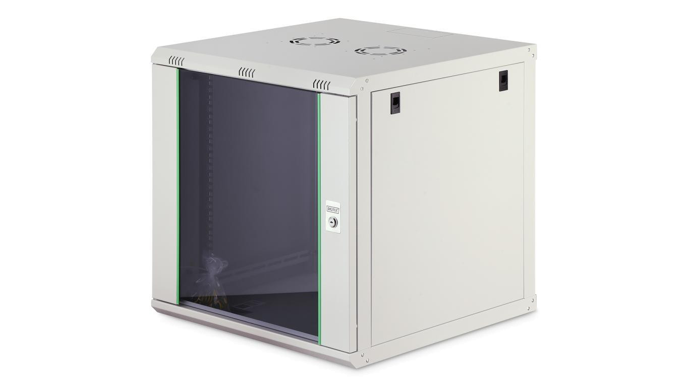 Szafa sieciowa wisząca Dynamic 19 12U rack 600x600, drzwi szyba, szary, niezłożona, 60kg DN-37110